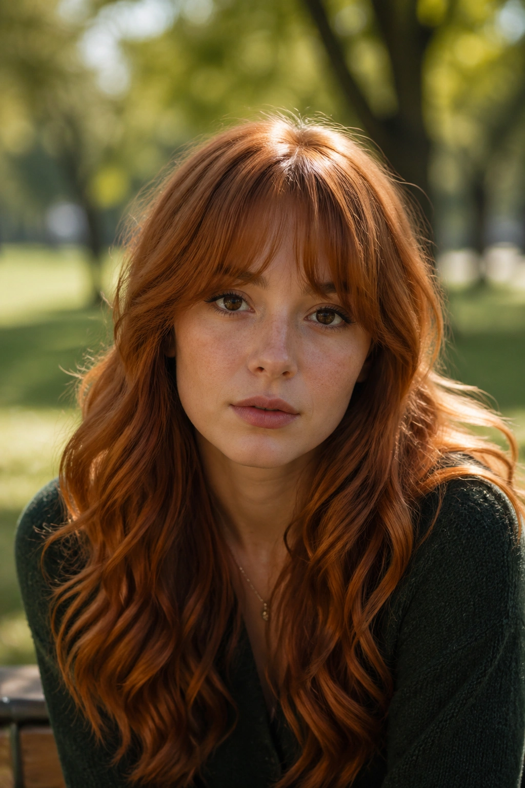 Close-up of arched bangs skimming the brows on copper red hair outdoors