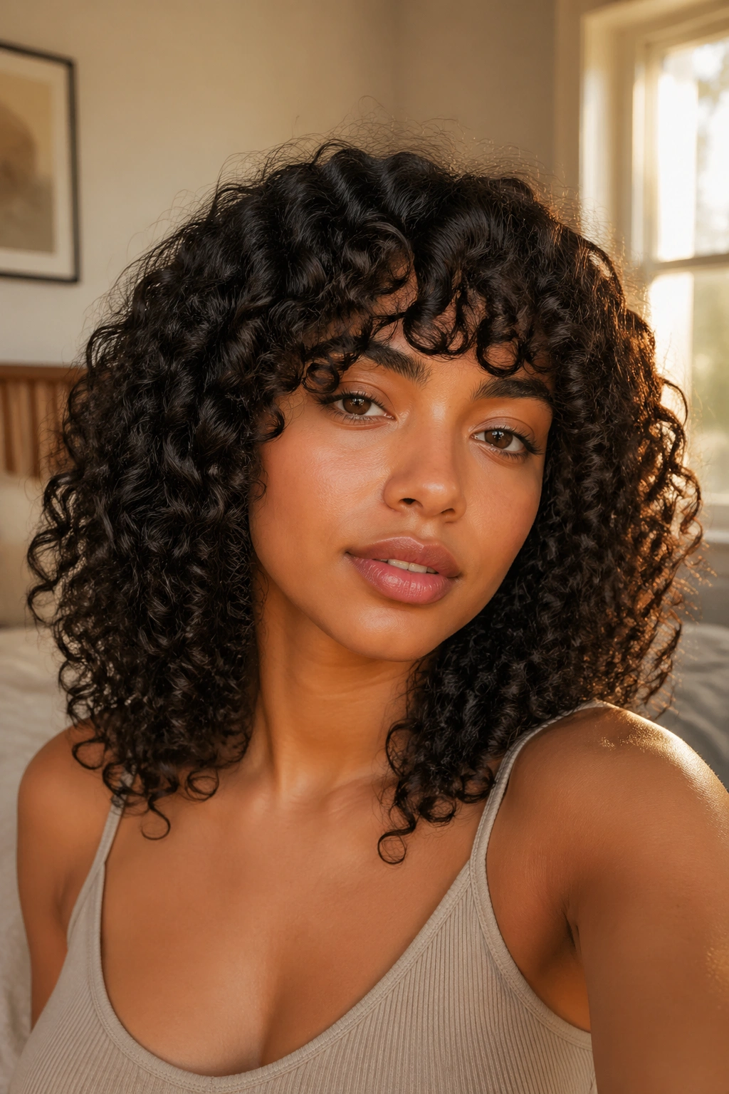 Close-up portrait of a real woman with arched bangs on curly hair.
