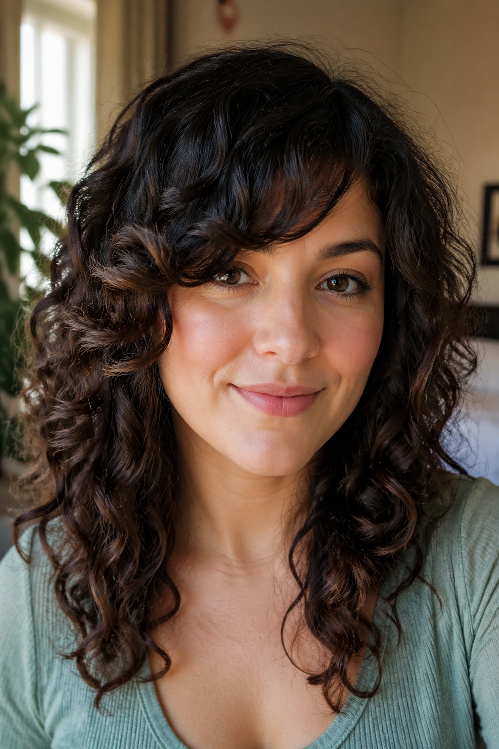Close-up of a real woman with arched side bangs for round face in window light