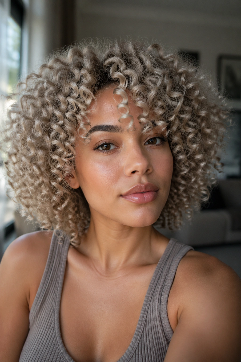 Close-up of a real woman with ash blonde on 3C curls in soft living room light.