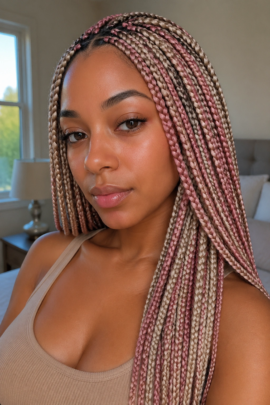 Close-up portrait of a real woman with ash blonde box braids and dusty rose accents framing her face