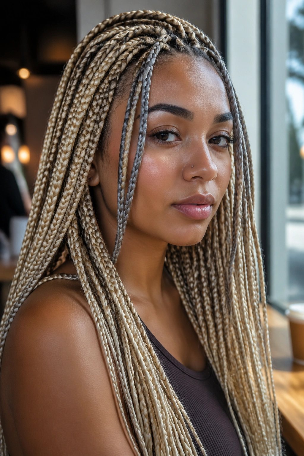 Close-up of ash blonde box braids with grey money pieces framing the face
