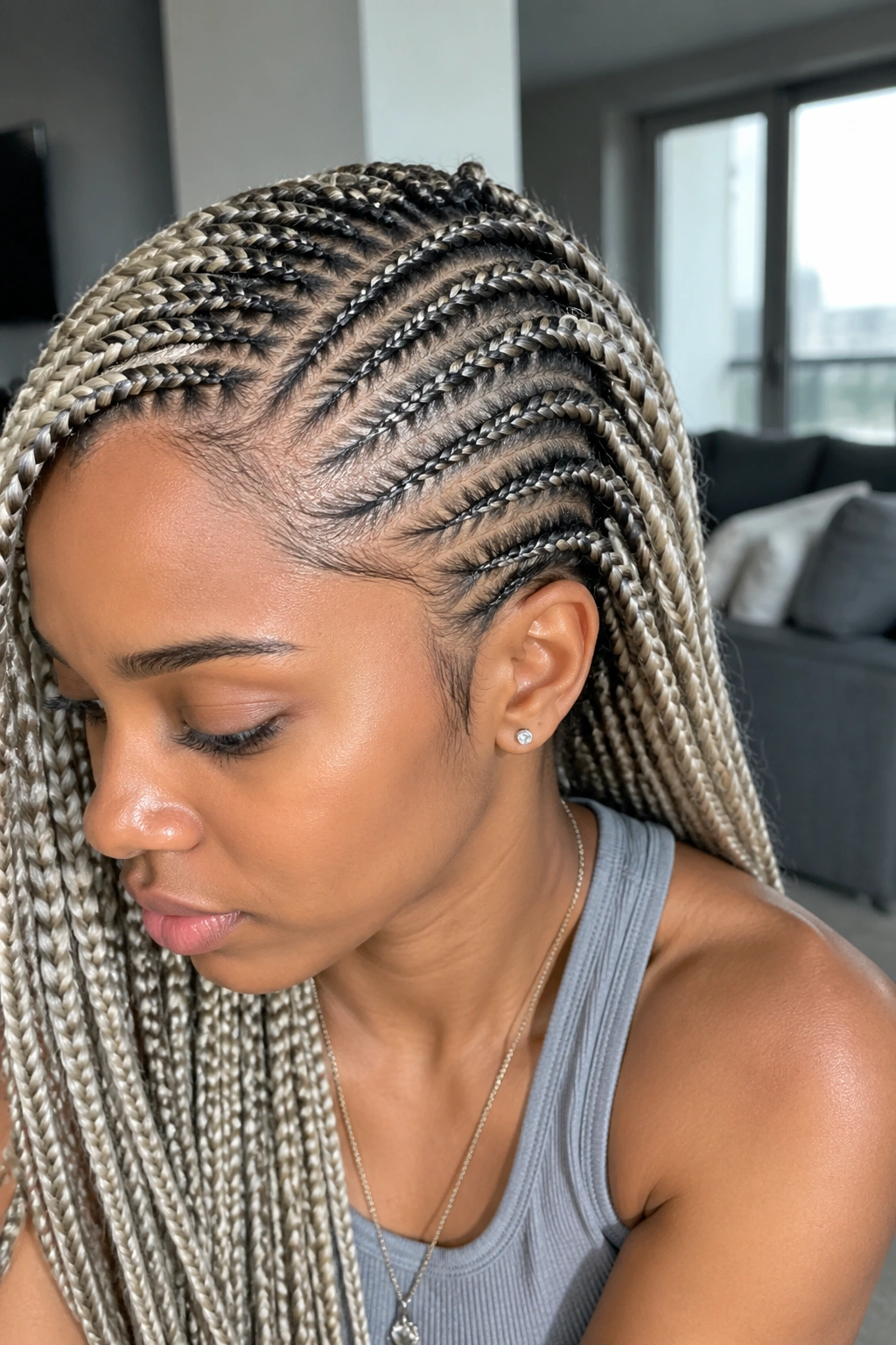 Portrait of a real person with ash blonde feed-in cornrows side-parted