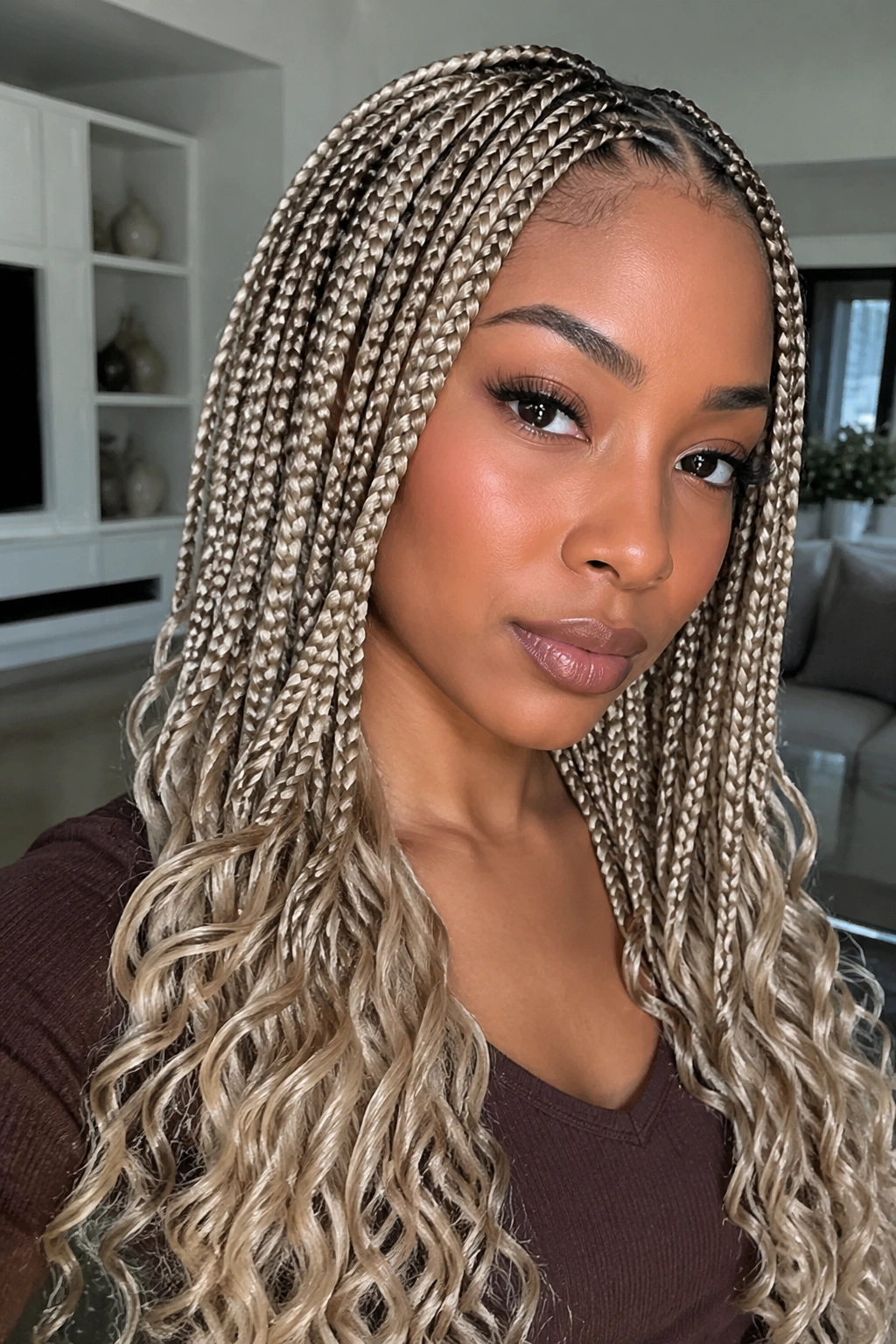 Close-up portrait of a real woman with ash blonde knotless box braids in a modern living room