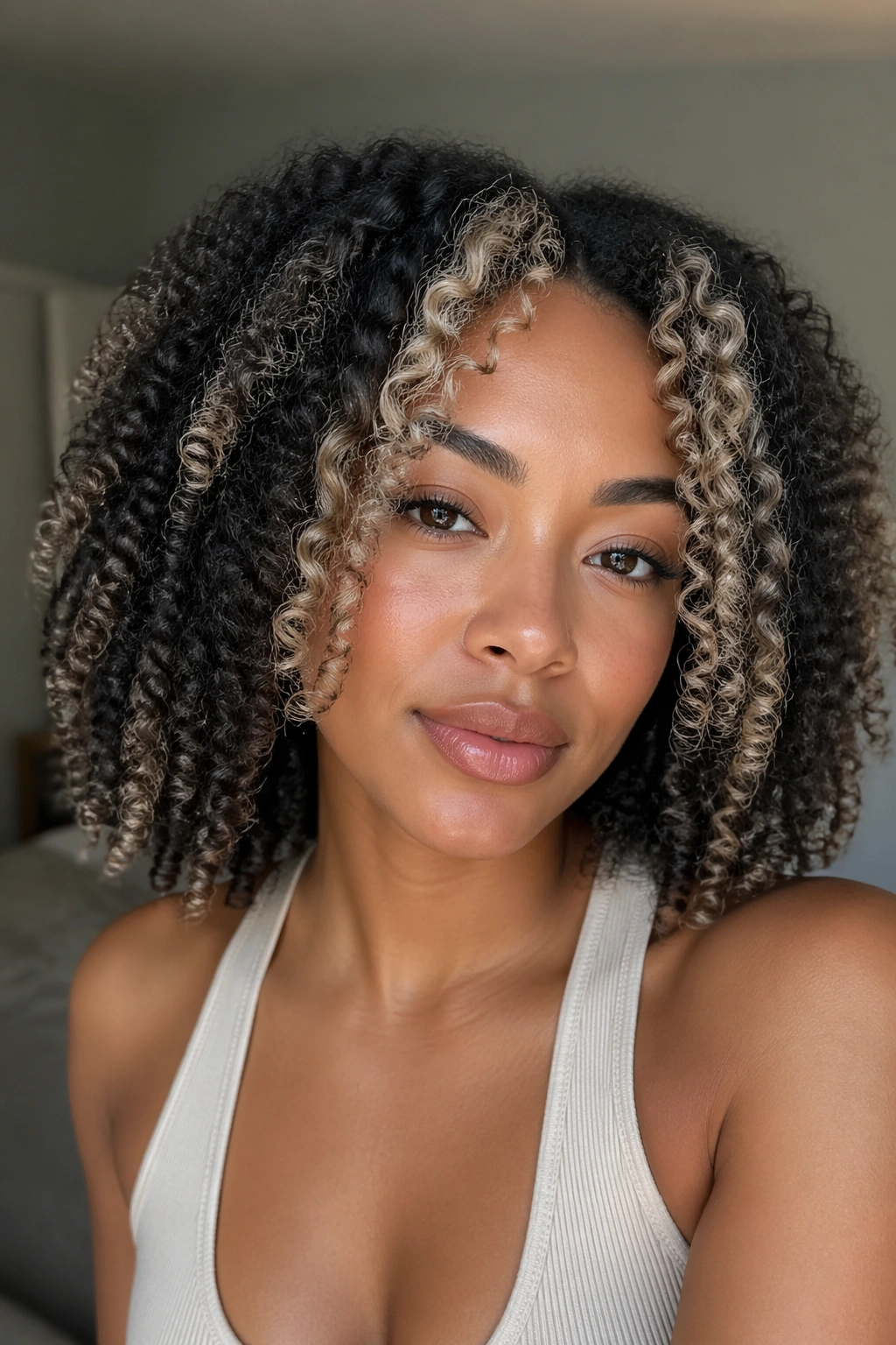 Close-up of real woman with ash blonde money piece on coily hair