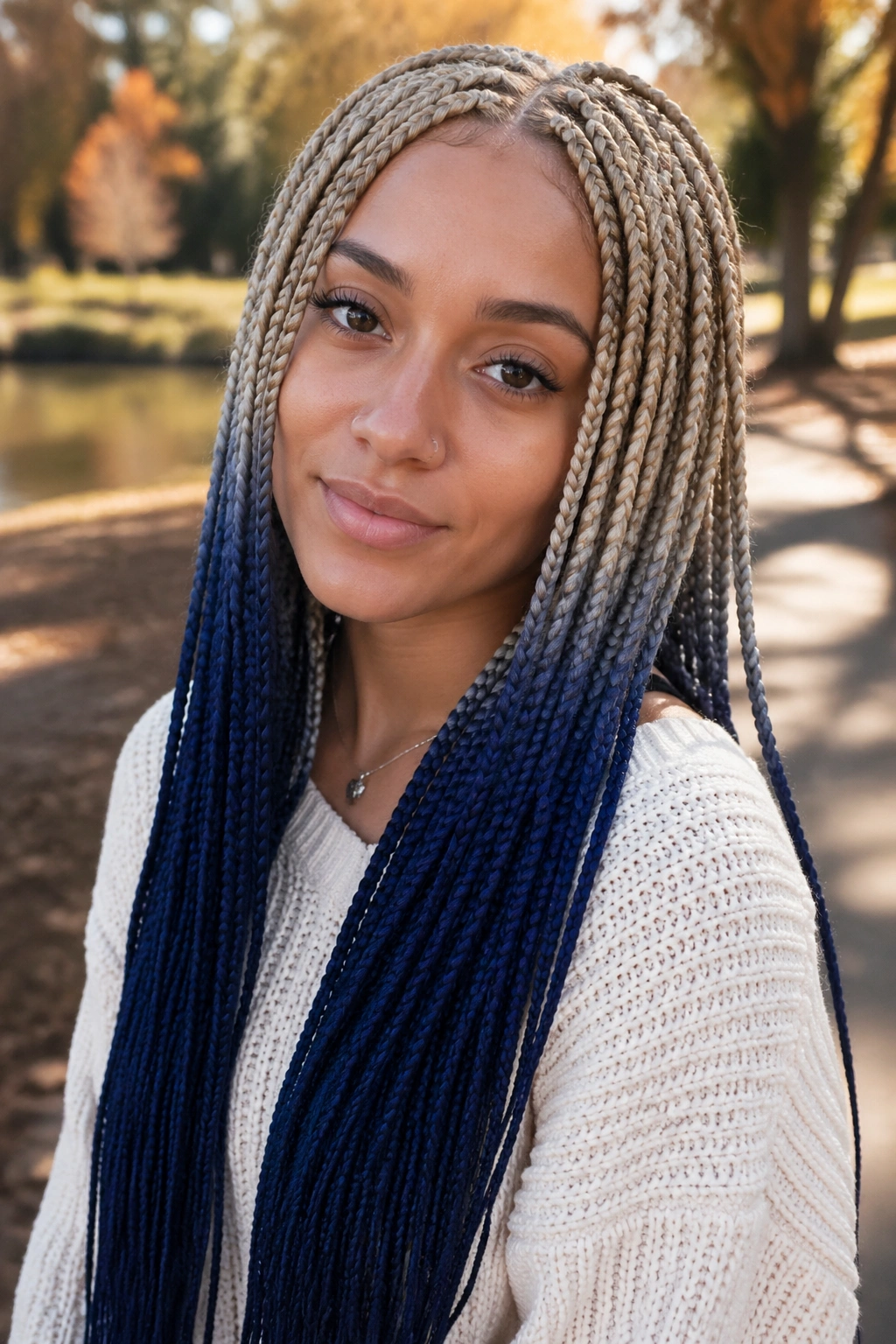 Close-up of ash blonde to navy ombré box braids on a real person.