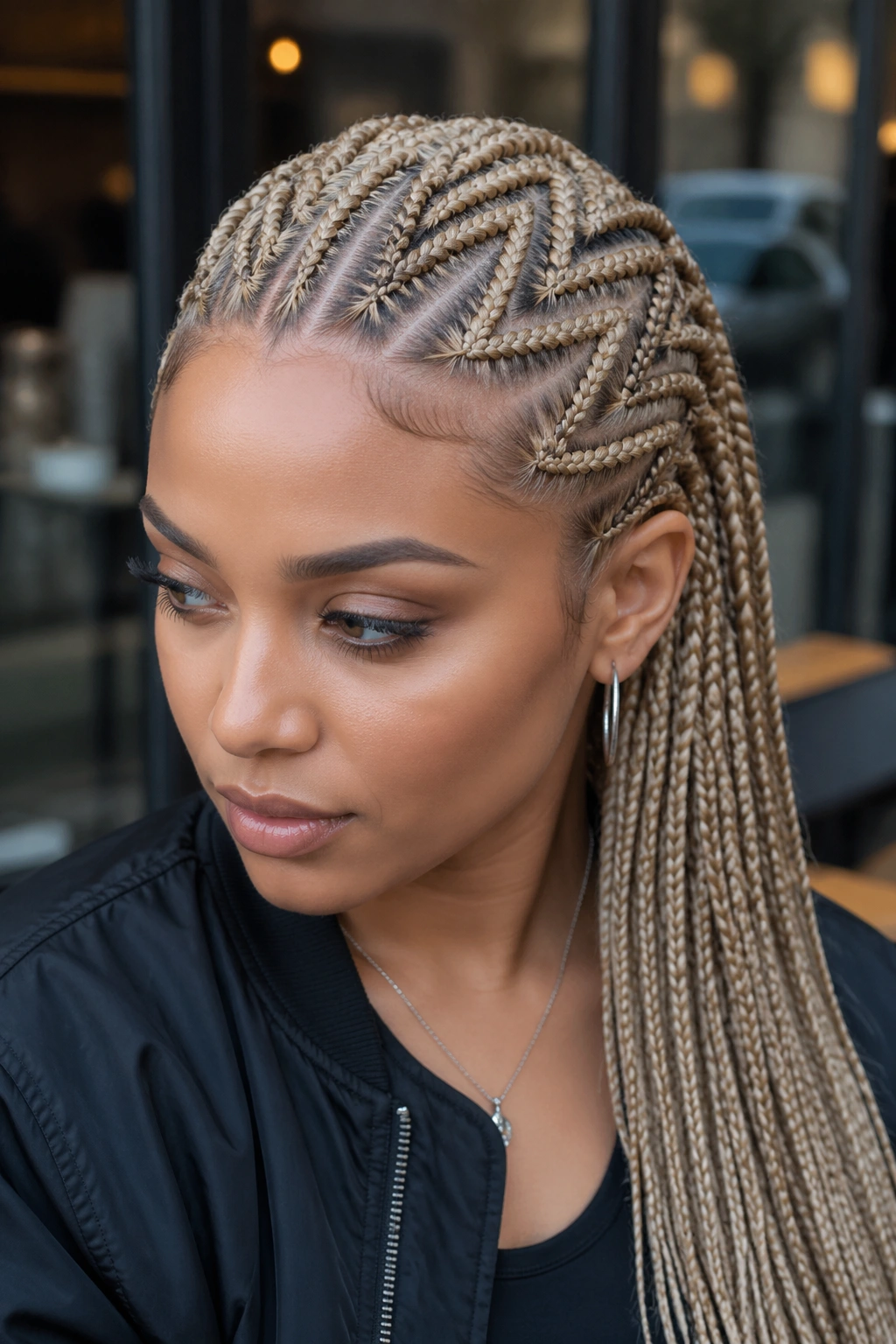 Ash blonde stitch cornrows with zigzag parting on a real person.