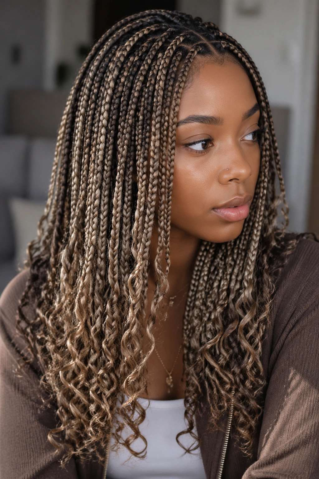 Close-up of knotless box braids in ash brown and beige tones on a real person.
