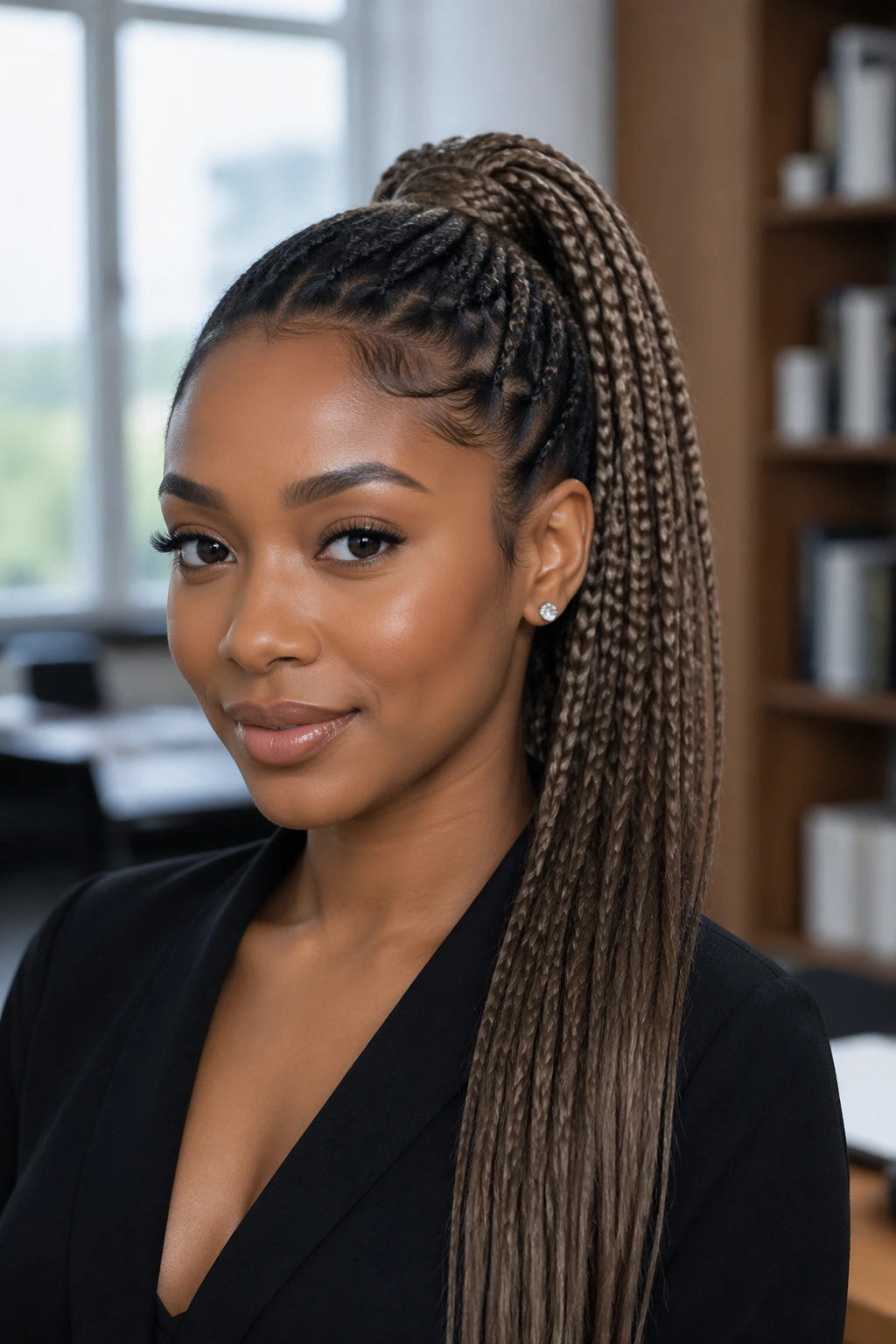 Real woman with ash brown braided ponytail with defined plaits