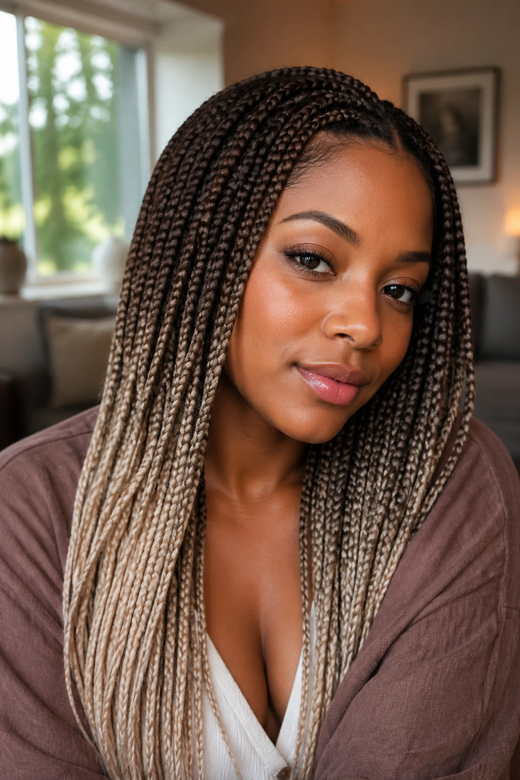 Close-up of ash brown to beige blonde ombré box braids on a real woman