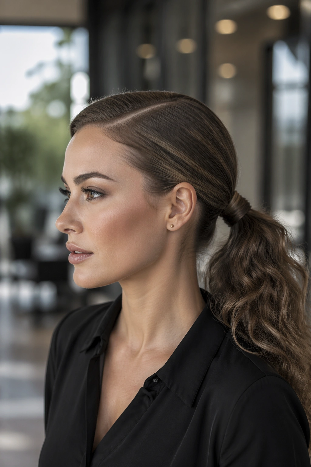 Real woman with ash brown side-part ponytail in an office lobby