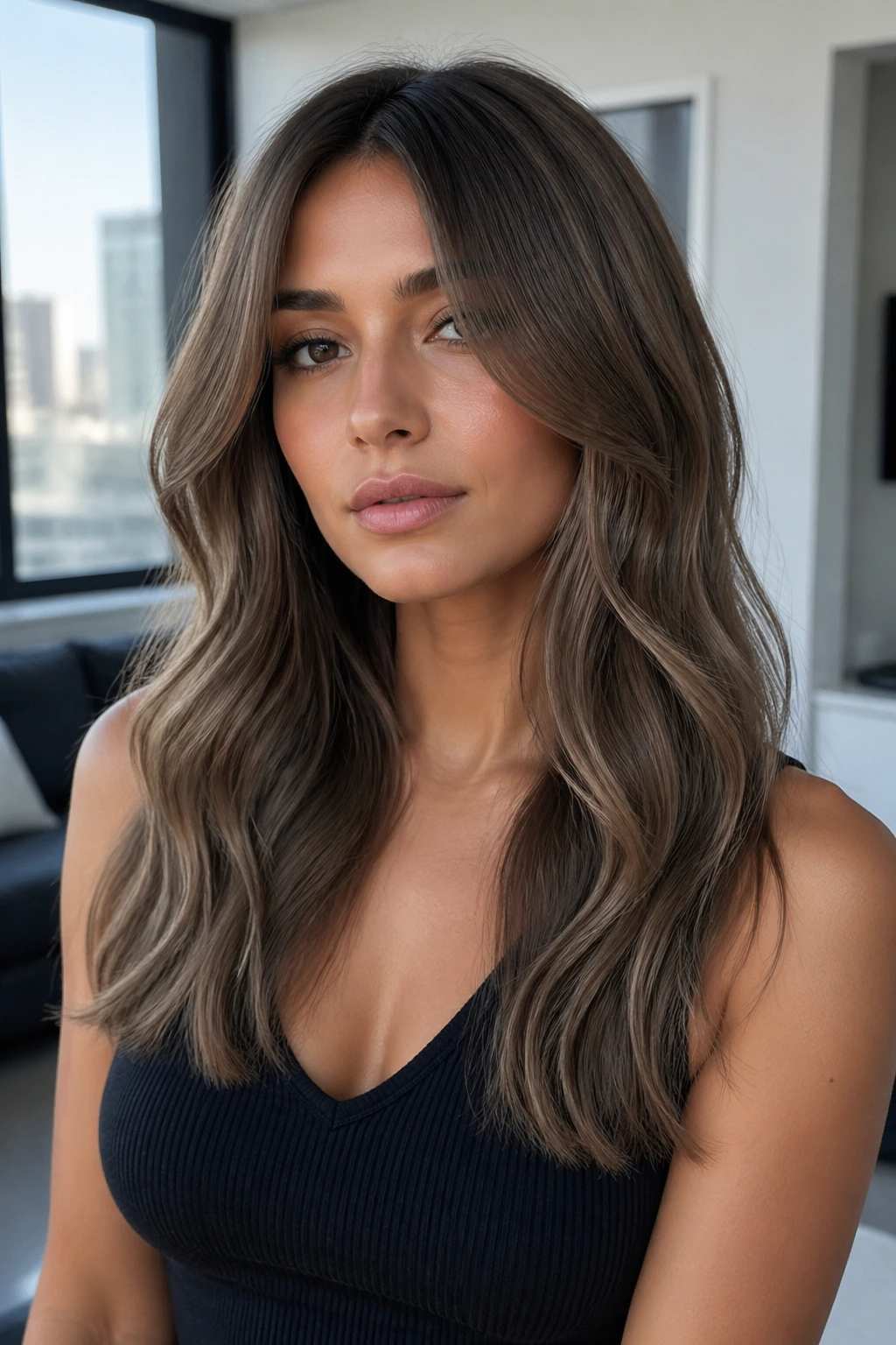 Close-up portrait of a real woman with ash brown waves and sleek ends.