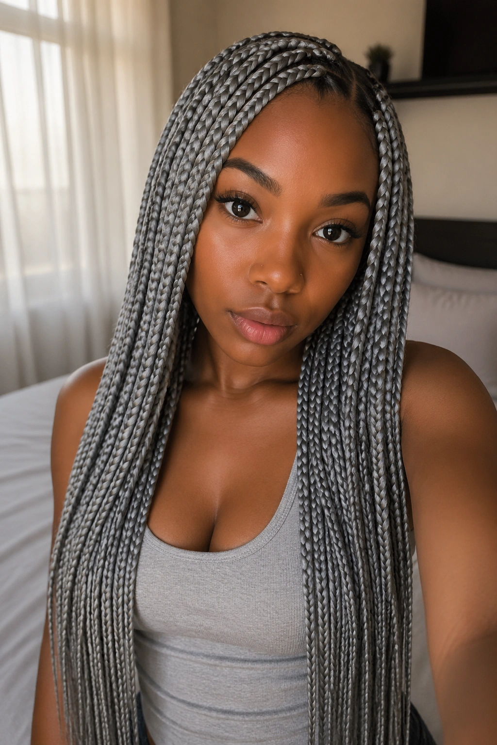 Close-up portrait of waist-length ash grey box braids on a real woman in a softly lit bedroom