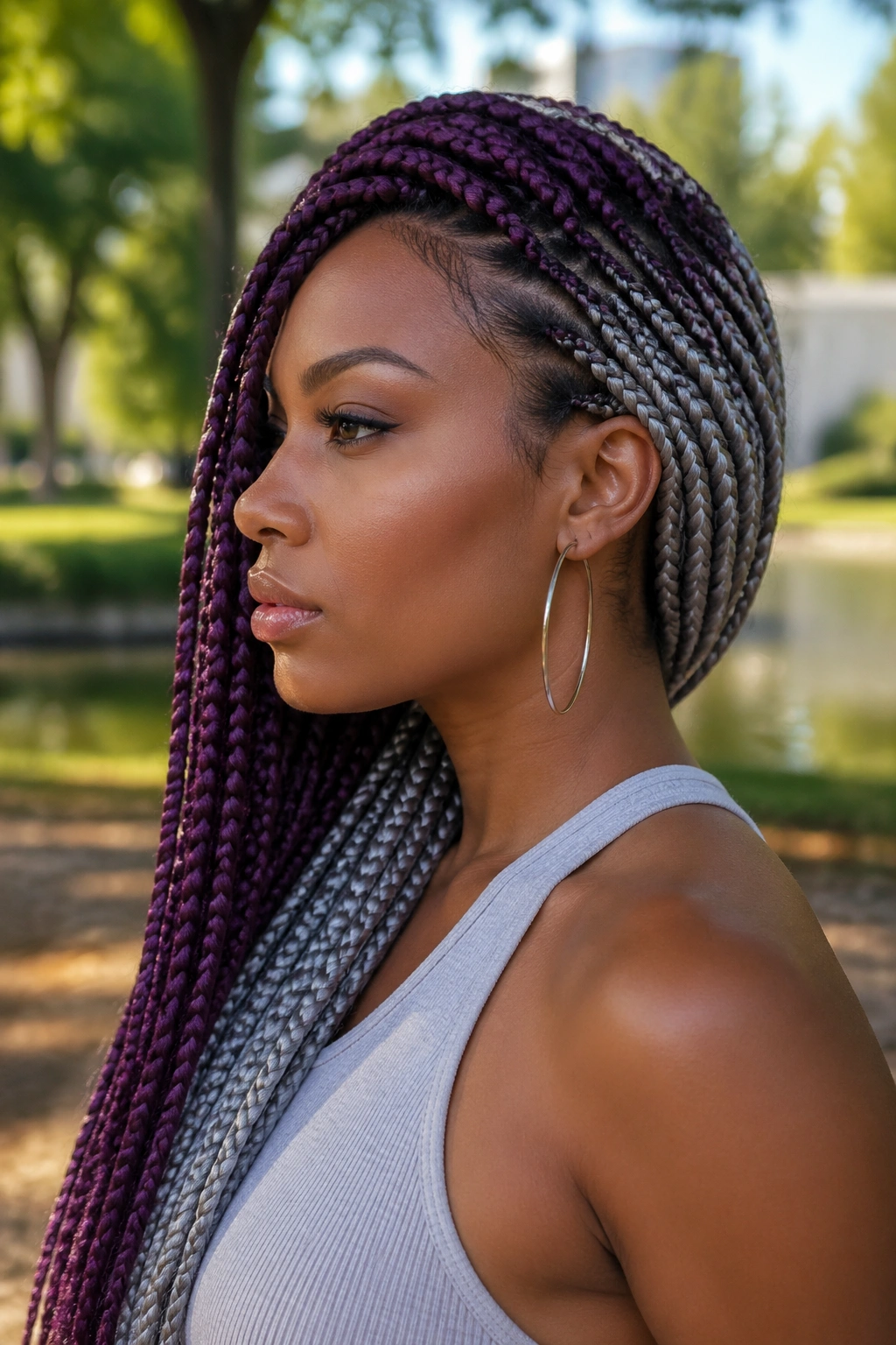 Side-profile portrait of a real person with ash grey and eggplant braids swept to the side.