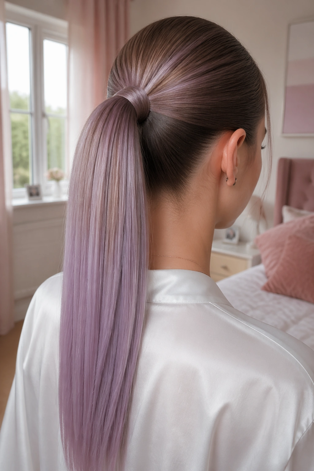 Close-up of a real person with an ashbrown to lavender sleek ponytail