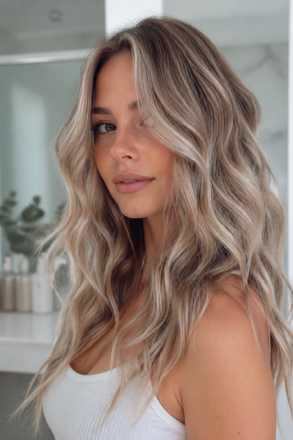 Close-up of a real woman with ashy blonde hair and cool undertones in bright bathroom light