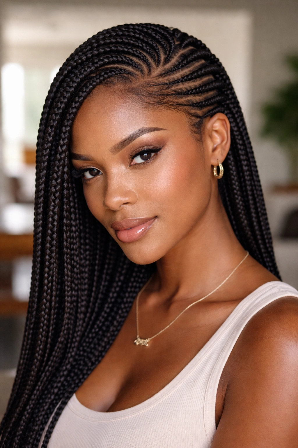Close-up of a real woman with a deep side part and all-back cornrows.
