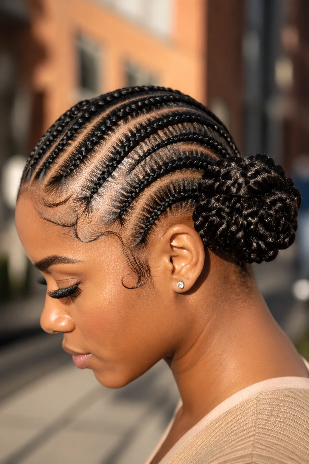 Profile view of asymmetric stitch cornrows leading to a side bun above the ear