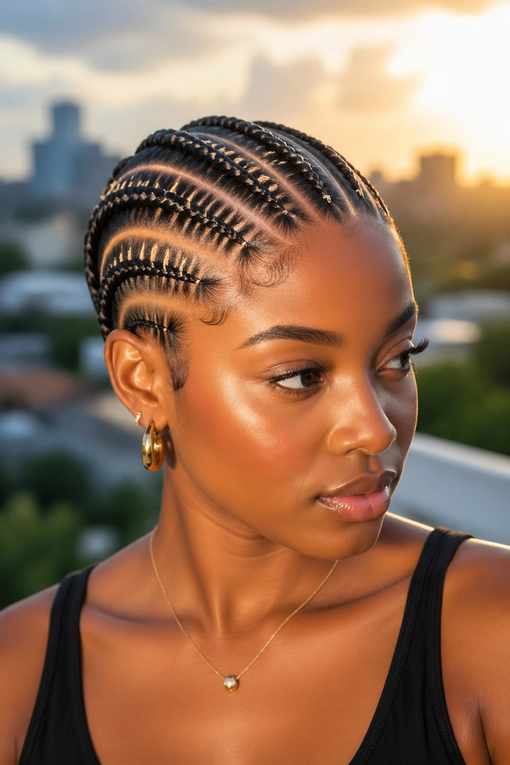 Real woman with asymmetric stitch cornrows on each side, golden hour light