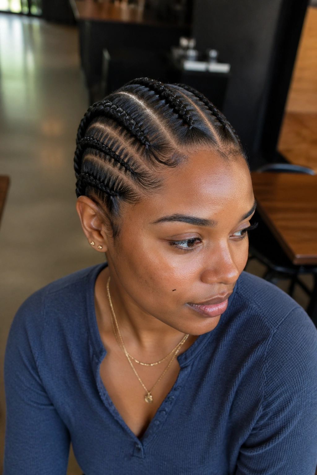 Close-up of asymmetric five cornrows with off-center part on a real person