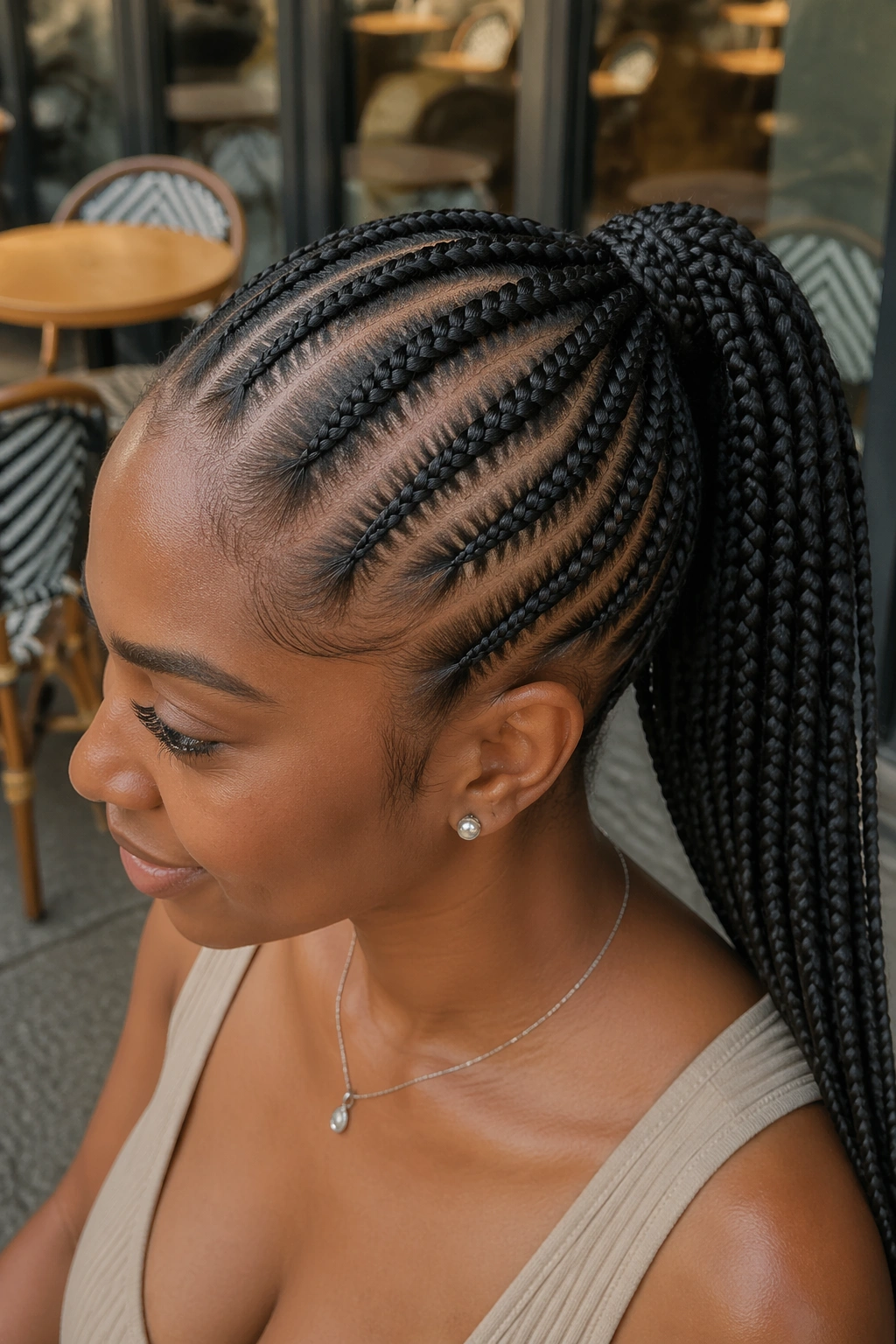 Close-up portrait of a real Black woman with asymmetric cornrows converging into a back ponytail