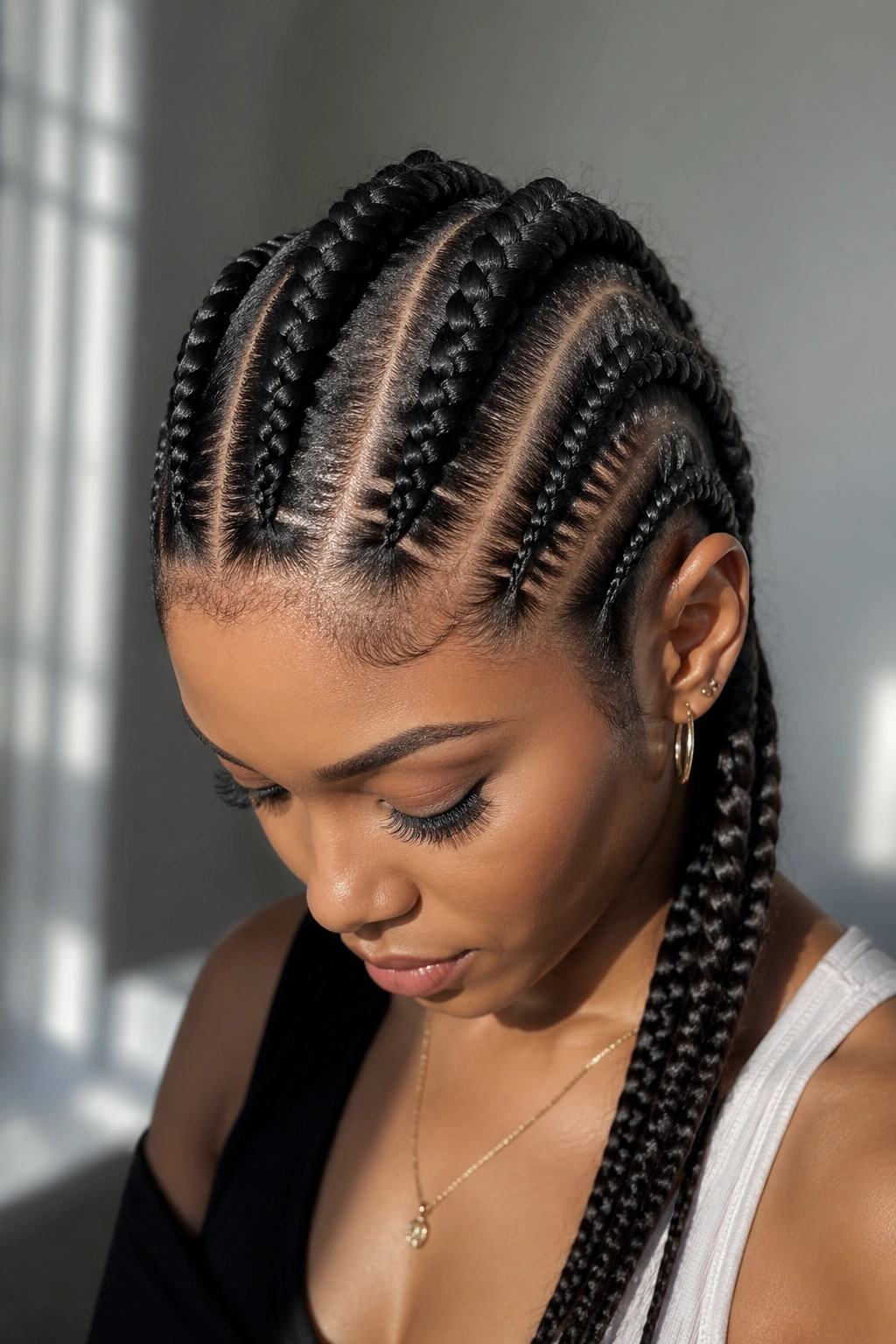 Close-up of a real woman with a deep side-part and asymmetric French cornrows