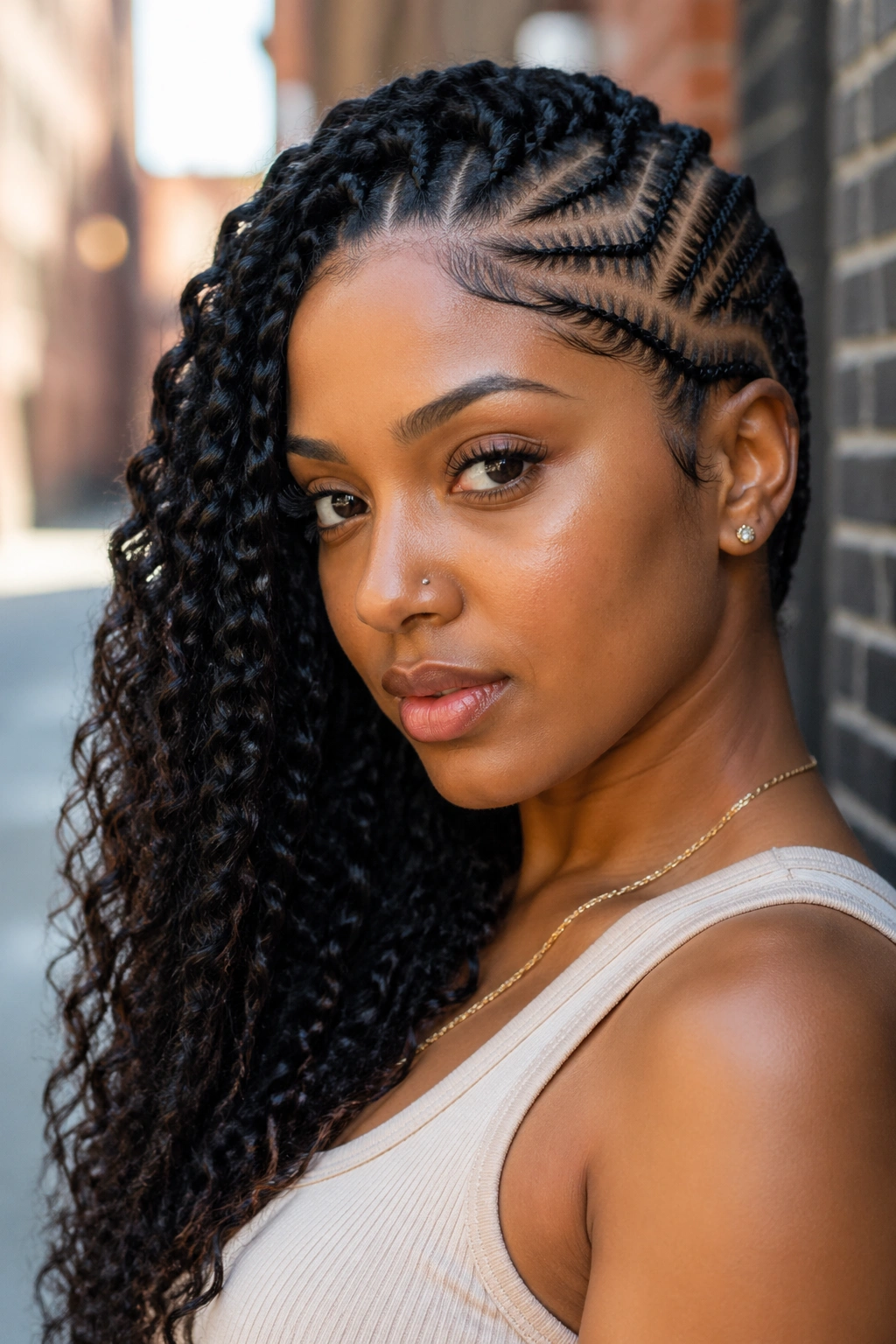 Real woman with asymmetric cornrows and twist tail on one side