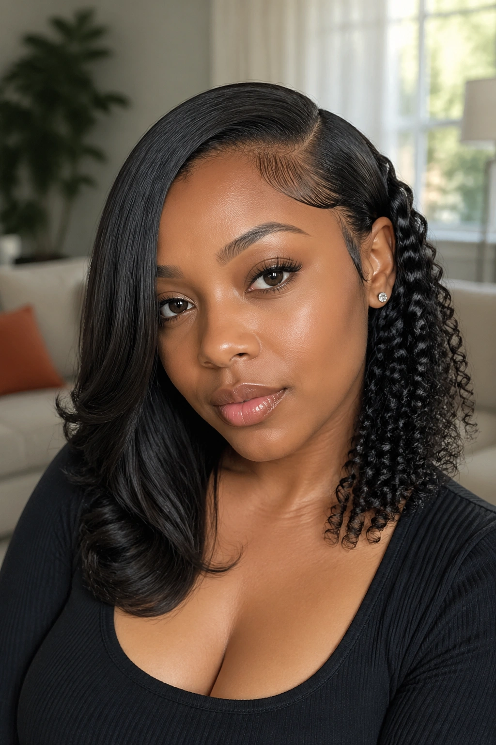 Close-up portrait of a real woman with a side-part featuring asymmetric curls, one side straight and the other curled