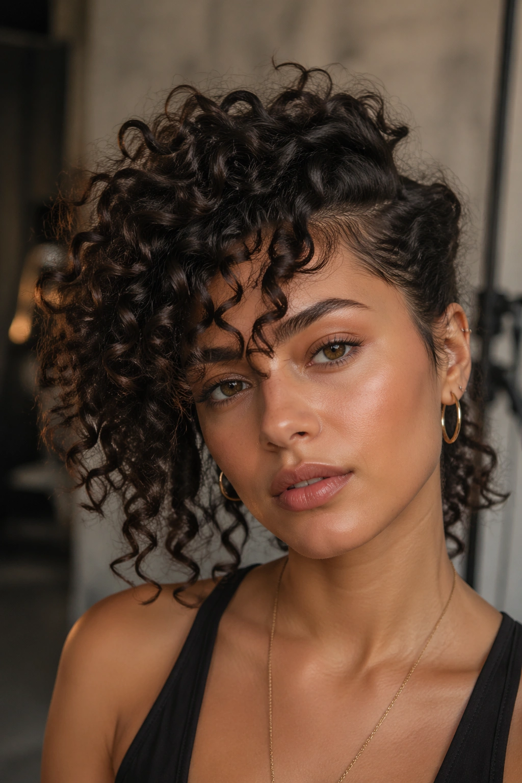 Real person with asymmetric curly bangs, longer on one side.