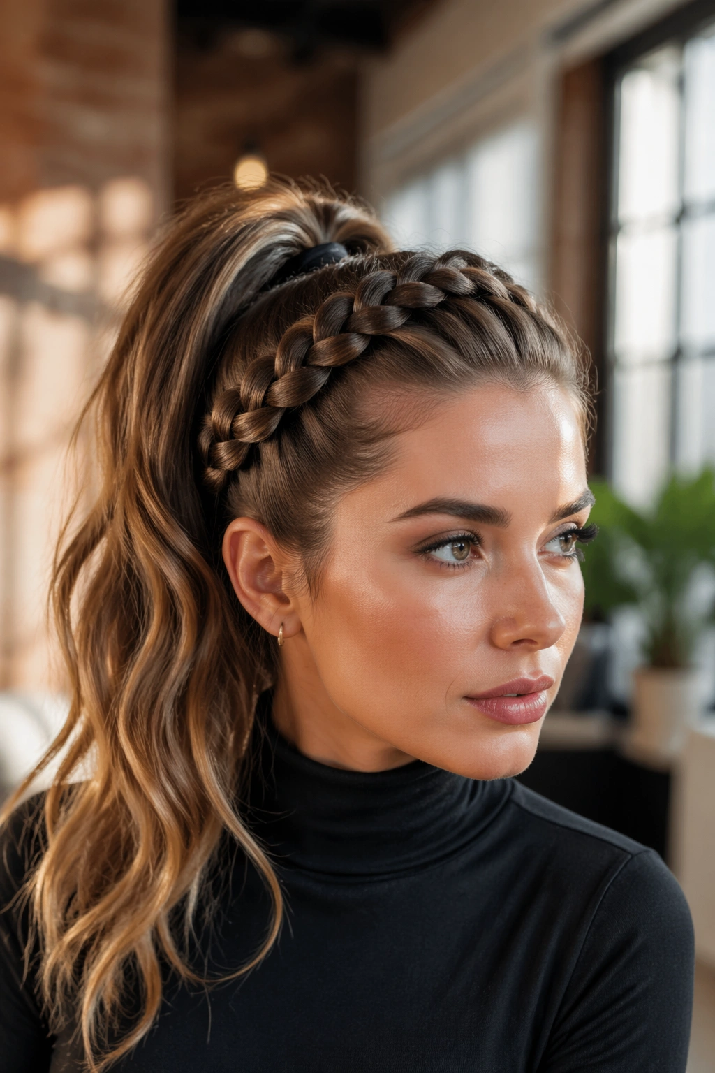 Close-up of asymmetric Dutch braid ponytail starting at temple on a real woman
