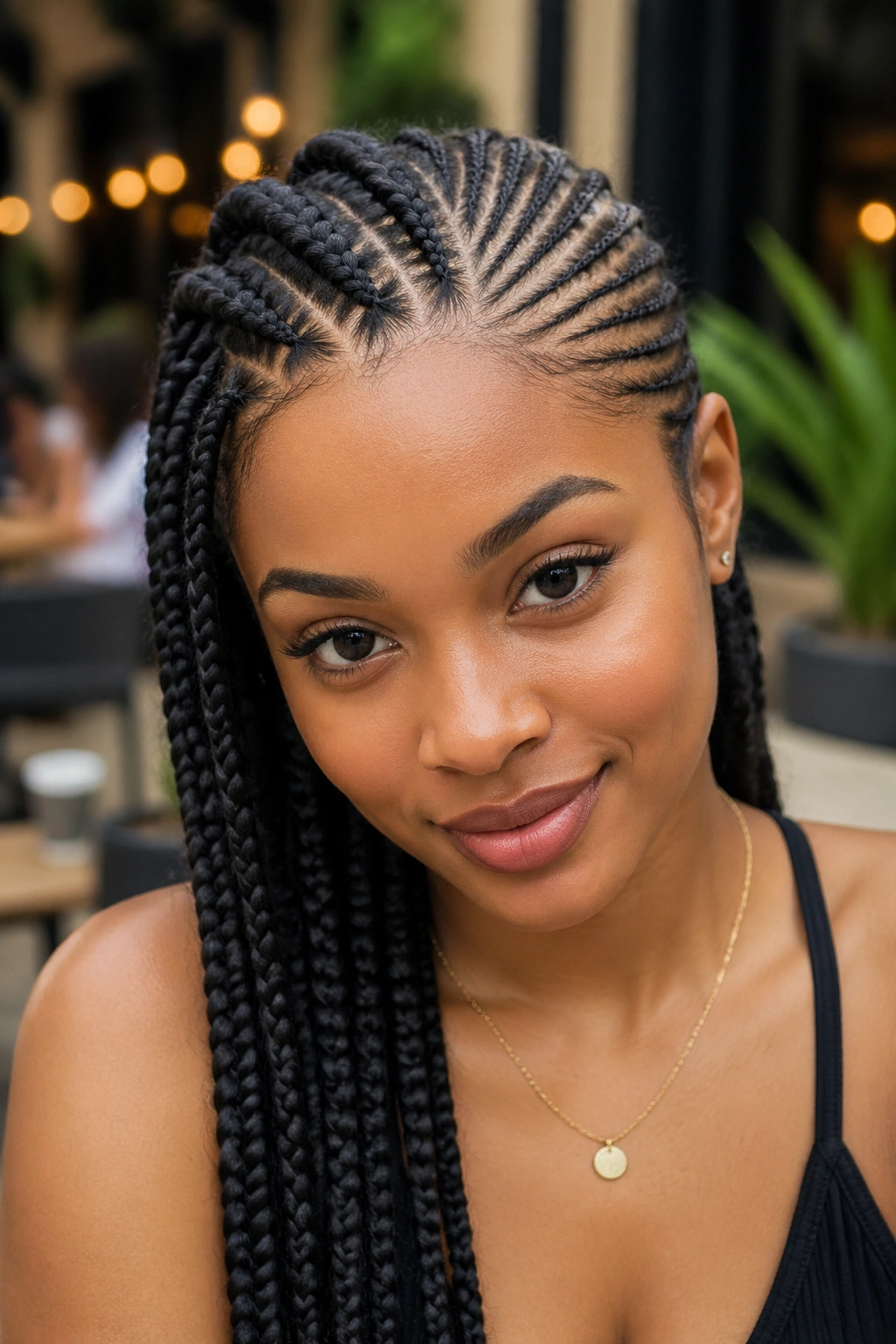 Close-up of a real woman with asymmetric Ghana cornrows and a deep side part