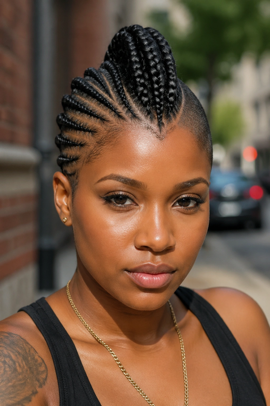 Close-up of a woman with asymmetric sides cornrow mohawk