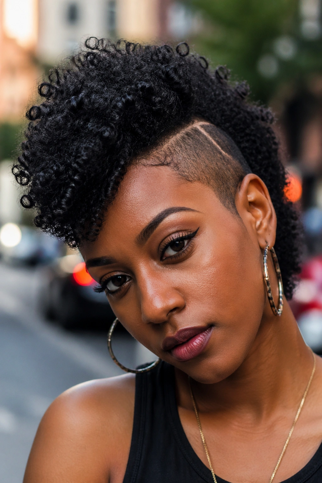 Close-up of a real person with an asymmetric mohawk curving to one side in an urban setting.