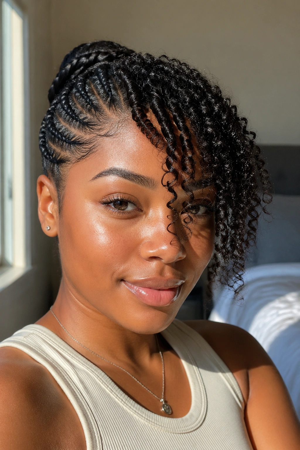 Close-up of a real woman with an asymmetric side bang in a neat protective hairstyle