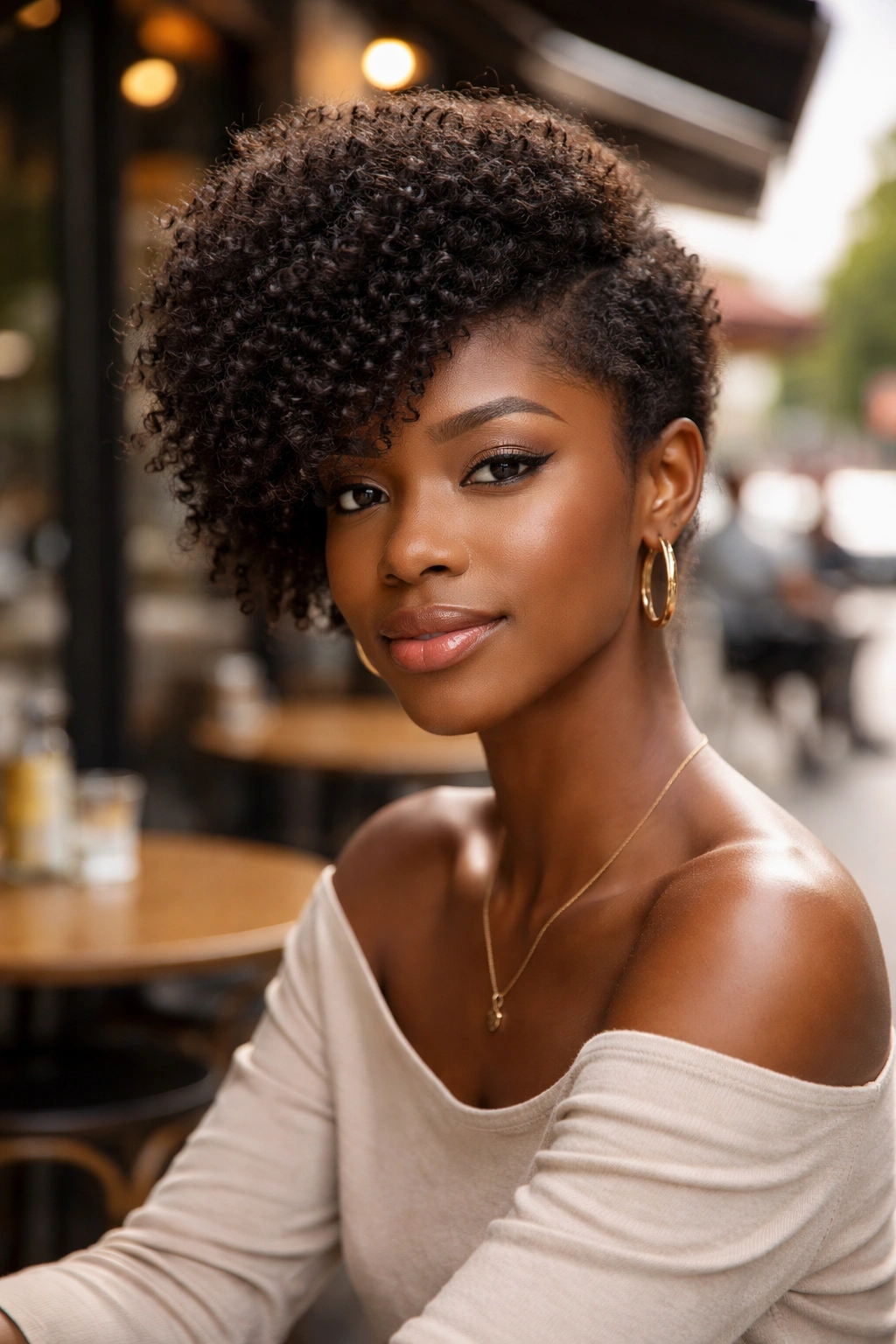 Asymmetric swoop small afro with one-sided volume on a real person.