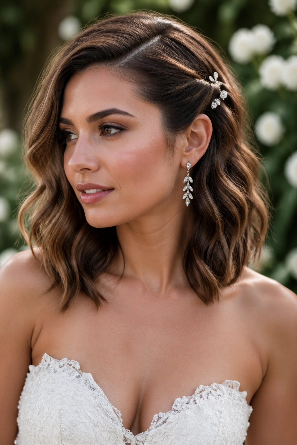 Bride with one-side tucked hair creating an asymmetric tuck