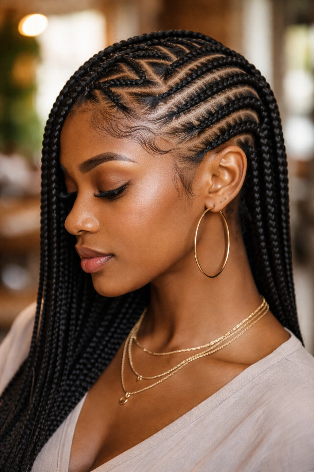 Close-up portrait of a real person showing asymmetric zigzag cornrows with one zigzag side and one straight side in warm salon light