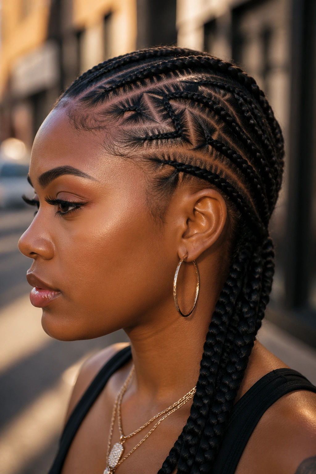 Side-profile of asymmetric zigzag with side sweep on a real Black woman.
