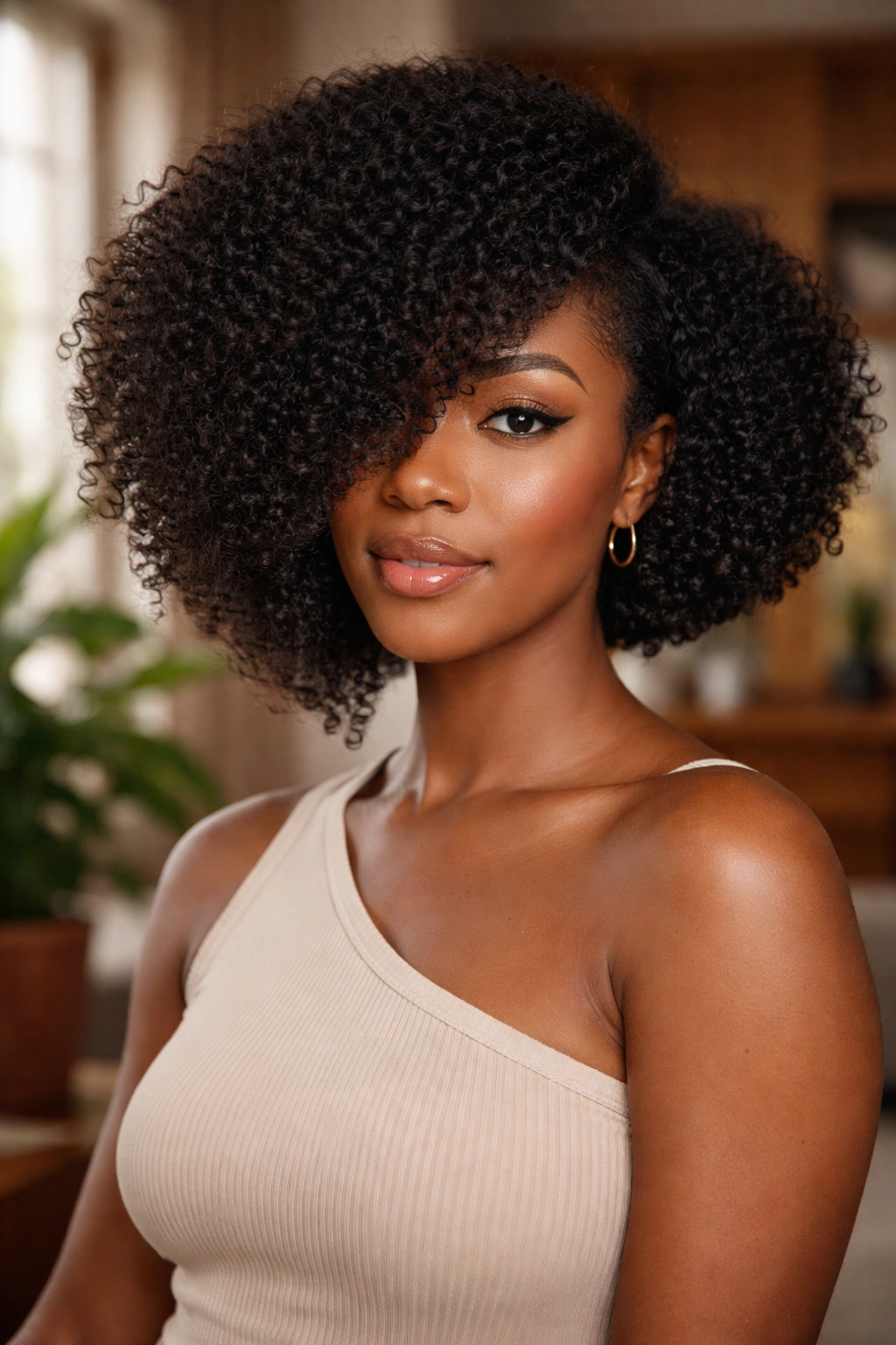 Close-up of a real woman with an asymmetrical Afro Bob in a warm living room