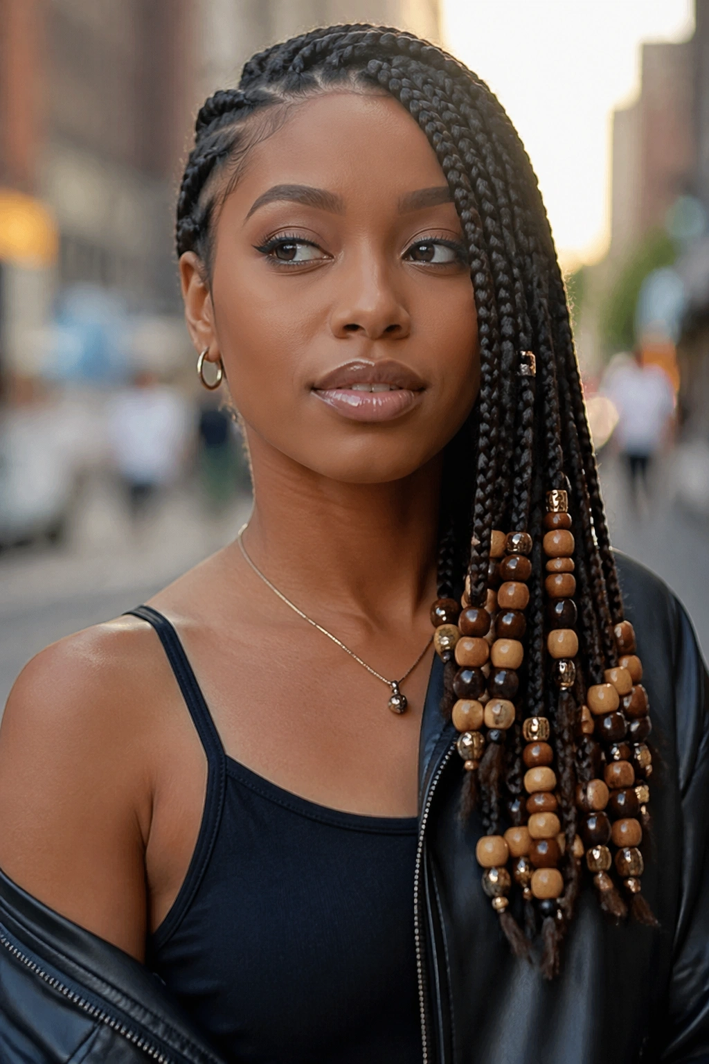 Real person with asymmetrical beaded braids on one side.