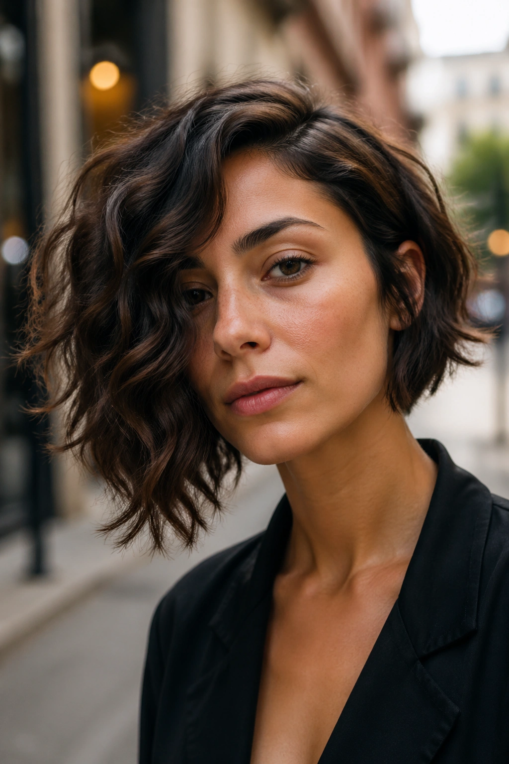 Close-up of a person with an asymmetrical bob hairstyle