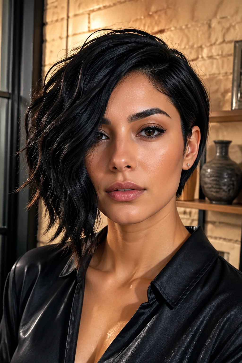 Close-up of a real woman with an asymmetrical black bob