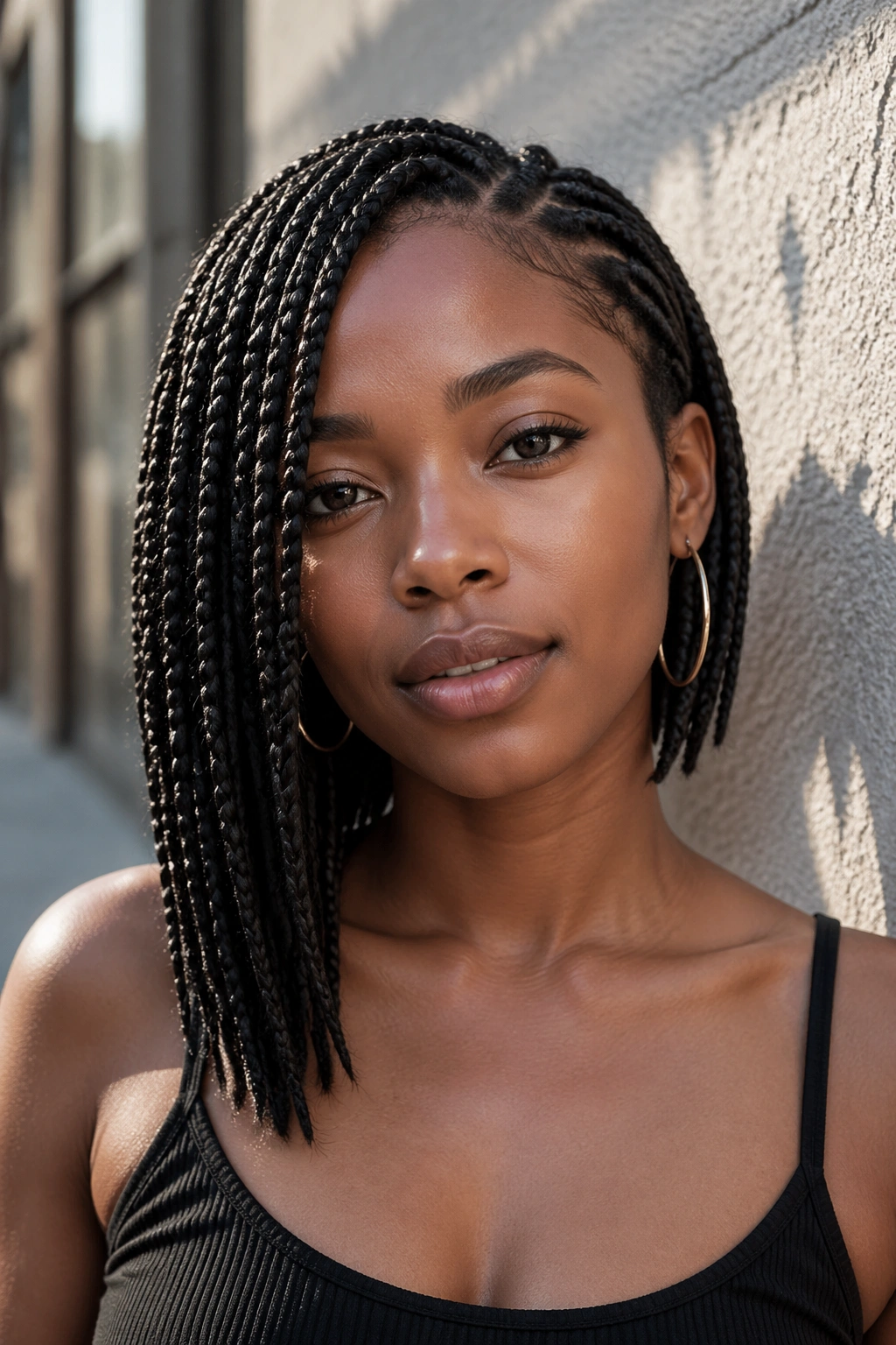 Close-up portrait of a real woman with asymmetrical bob box braids