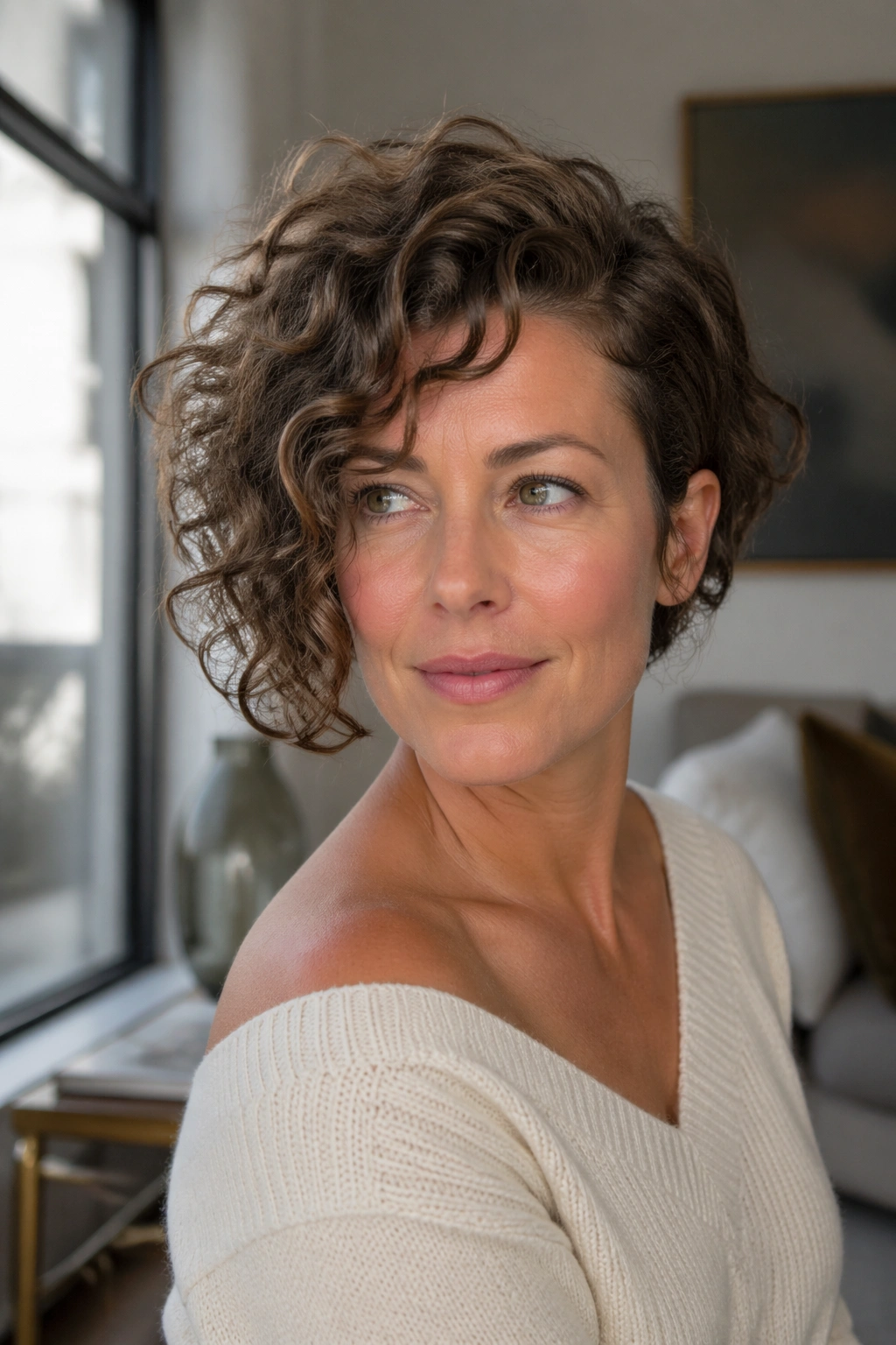 Close-up of a real person wearing an asymmetrical bob with a longer side