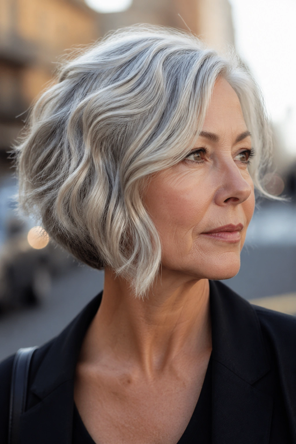 Real woman with asymmetrical bob long side under street light