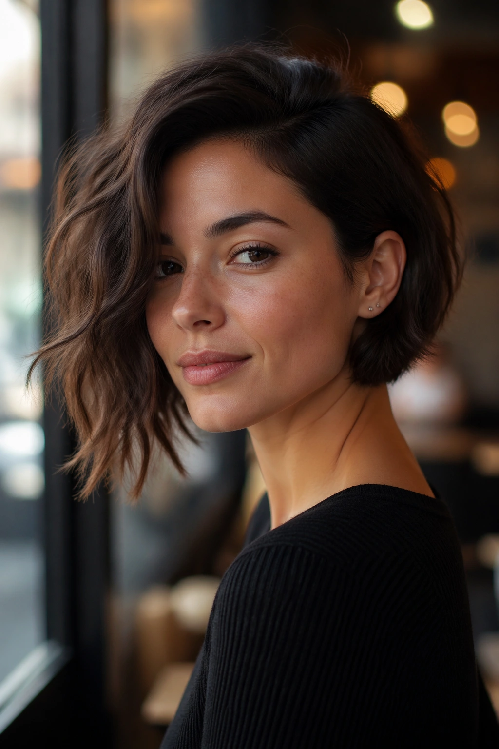 Real woman wearing an asymmetrical bob with a sharp line.