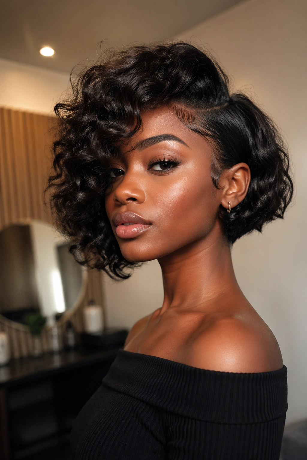 Asymmetrical curly bob with longer side beneath chin and shorter side near cheekbone.