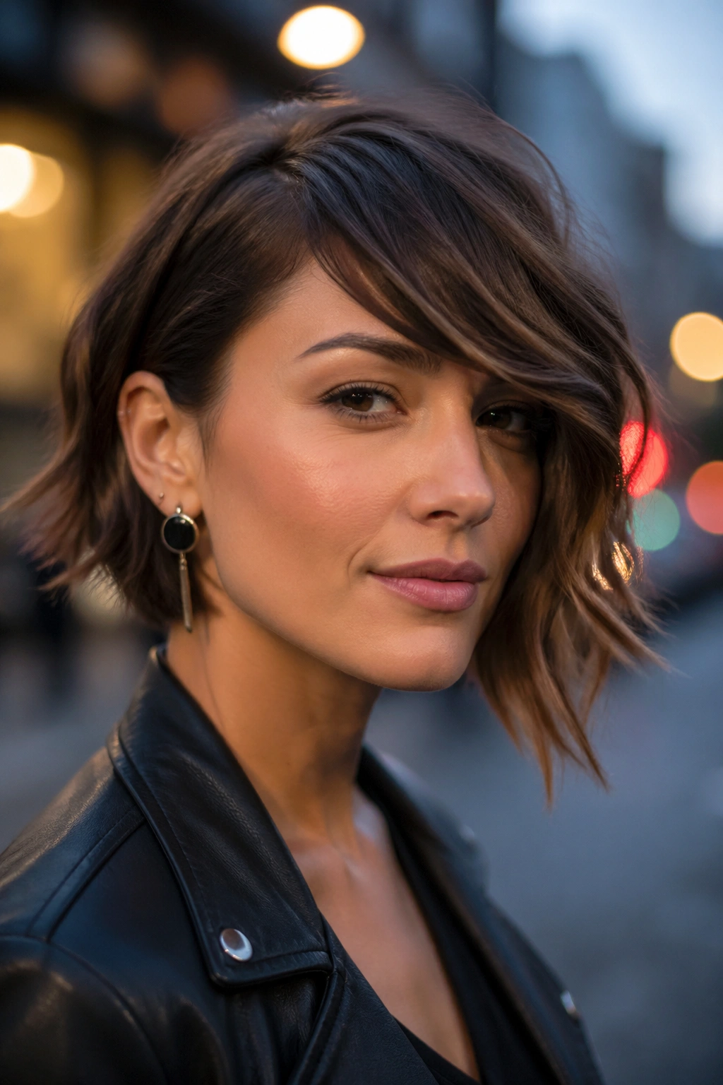 Portrait of a woman with asymmetrical bob and swept fringe on a city street
