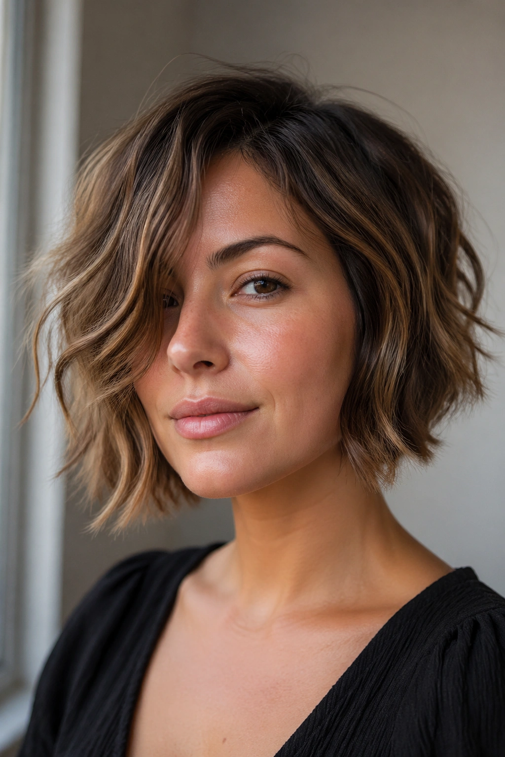 Real woman with subtle asymmetrical bob and textured ends.