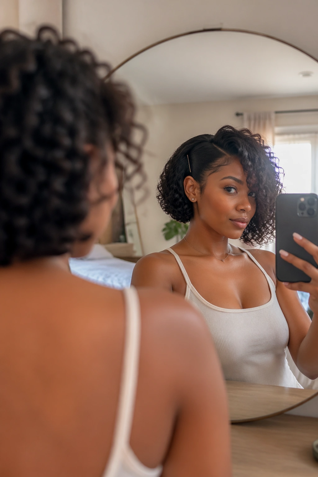 Asymmetrical curly bob with one tucked side